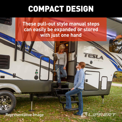 Lippert Components Radius 24" Single Manual RV Step Assembly, 300 lbs. Anti-Slip Steps, Compact One-Hand Expand or Collapse, Black Powder Coat, Travel Trailers, 5th Wheels, Campers - 432678