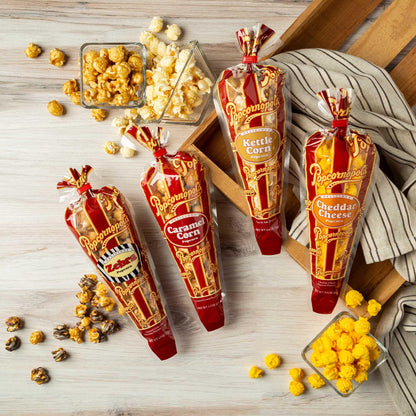 Popcornopolis Gourmet Popcorn Cone Variety Pack – Zebra, Cheddar Cheese, Caramel & Kettle Corn Popcorn, Great for Gifting & Sharing (12-Count)