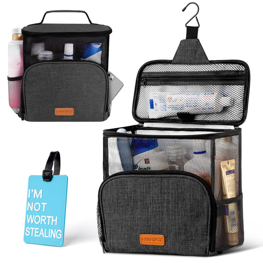 Hiverst Hanging Toiletry Bag, Shower Caddy Tote Bag (Updated Version, Full Size Bottle Compatible), Bath Organizer for College Dorms, Gym, Camp, Women Men, with Funny Luggage Tag