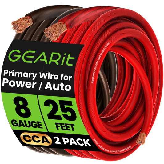 GEARit, 8 Gauge Wire, for Automotive Power/Ground, Battery Cable, Car Audio, RV, Amp, CCA, Automotive Wire, Amp Kit, Battery Cables, Wiring Kit, (25 feet Each- Black/Red)
