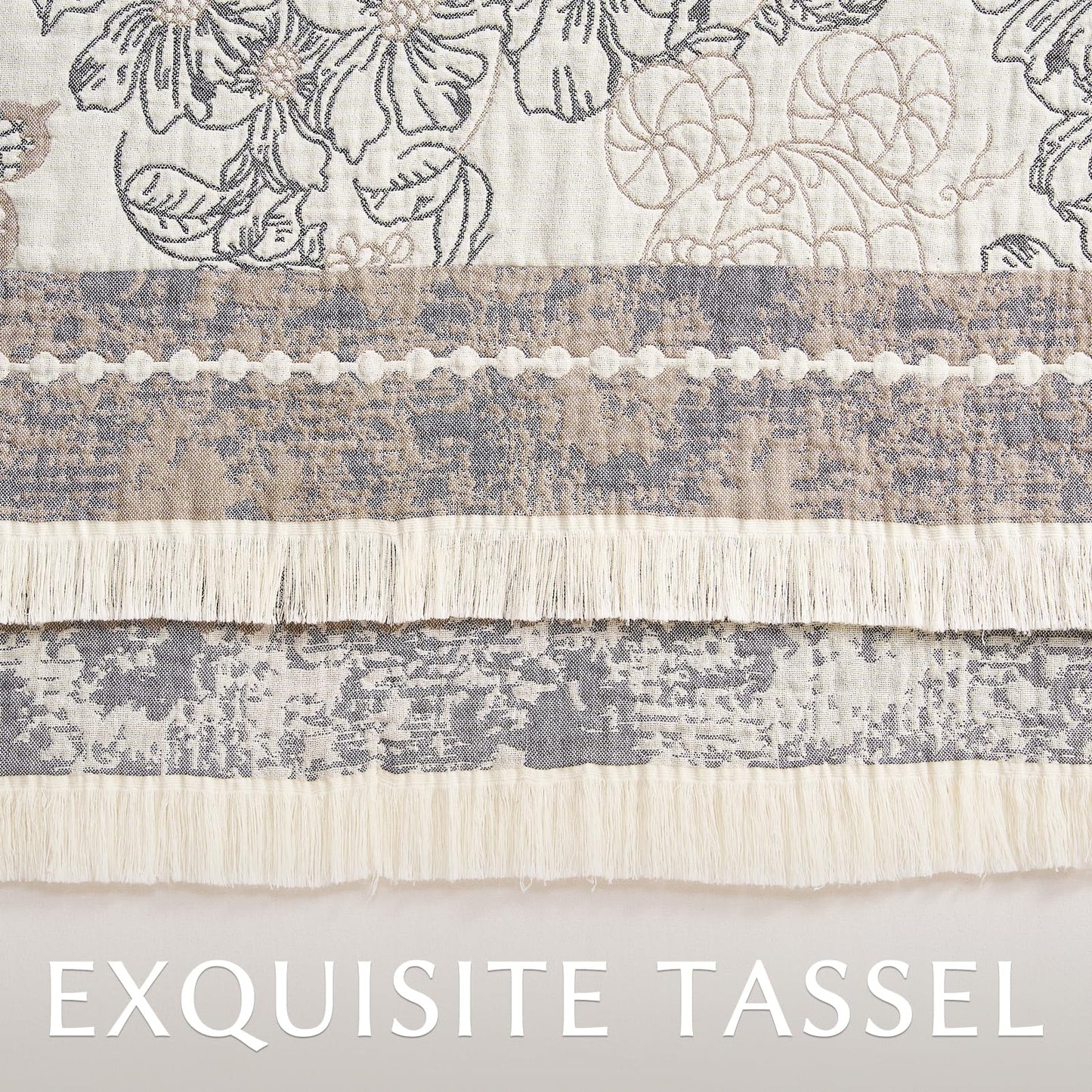 jinchan Boho Floral 100% Cotton Blanket 4-Layer Throw Blanket with Tassel Grey and White Flower Butterfly Soft Luxury Rustic Farmhouse Decor Blanket for Couch Bed 60x80 inch All Season Gift for Women