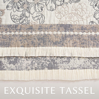 jinchan Boho Floral 100% Cotton Blanket 4-Layer Throw Blanket with Tassel Grey and White Flower Butterfly Soft Luxury Rustic Farmhouse Decor Blanket for Couch Bed 60x80 inch All Season Gift for Women