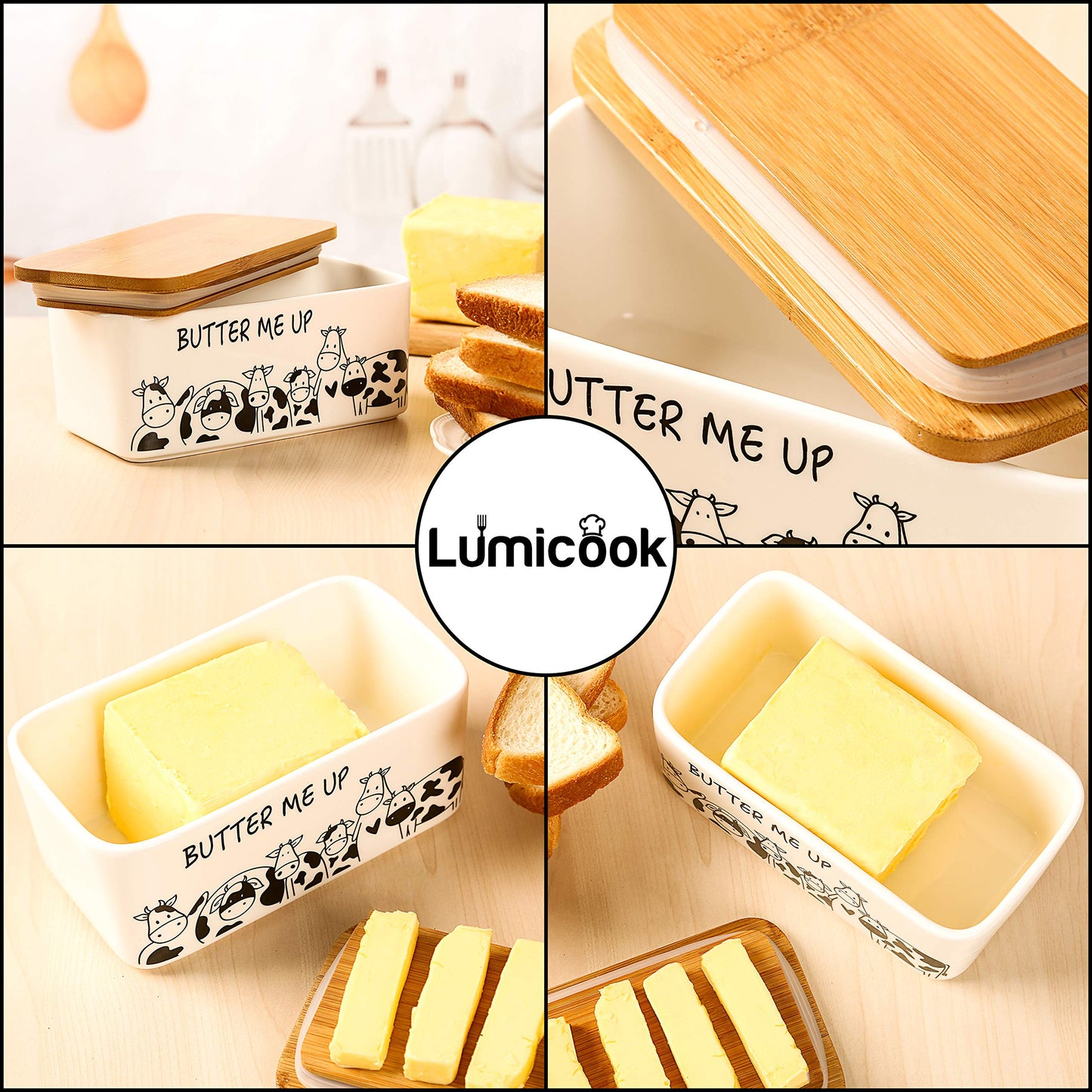Lumicook Porcelain Butter Dish with Lid, Natural Bamboo Lid, Seal, Cow Butter Holder, Easily Fits 2 Sticks of Butter (Butter me up)