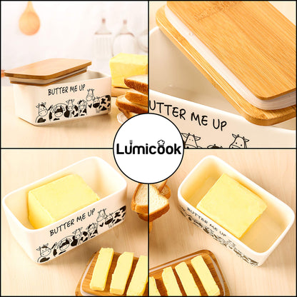 Lumicook Porcelain Butter Dish with Lid, Natural Bamboo Lid, Seal, Cow Butter Holder, Easily Fits 2 Sticks of Butter (Butter me up)