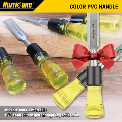 HURRICANE 4 Piece Wood Chisel Set for Woodworking. CR-V Steel Beveled Edge Blades with Safety Caps. Durable PVC High Impact Handle, for Precision Carving & DIY Projects (1/4", 1/2", 3/4", 1")