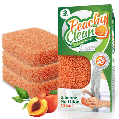 Peachy Clean Silicone Dish Sponge Scrubbers, Fresh Peach Scent, Non-Scratch, Odor-Resistant, Durable Dish Sponges for Kitchen