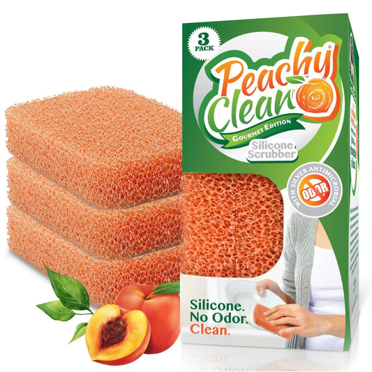 Peachy Clean Silicone Dish Sponge Scrubbers, Fresh Peach Scent, Non-Scratch, Odor-Resistant, Durable Dish Sponges for Kitchen