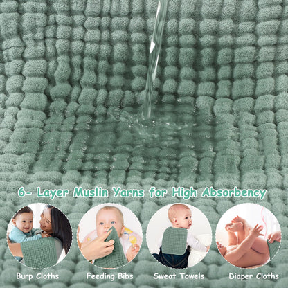 Looxii Muslin Burp Cloths 6 Pack - 20" x 10" - Ultra Soft & Absorbent, 6-Layer 100% Cotton for Spit Up & Drool- Gentle Baby Burping Cloth, Newborn Boys Girls Essentials, Dark Green