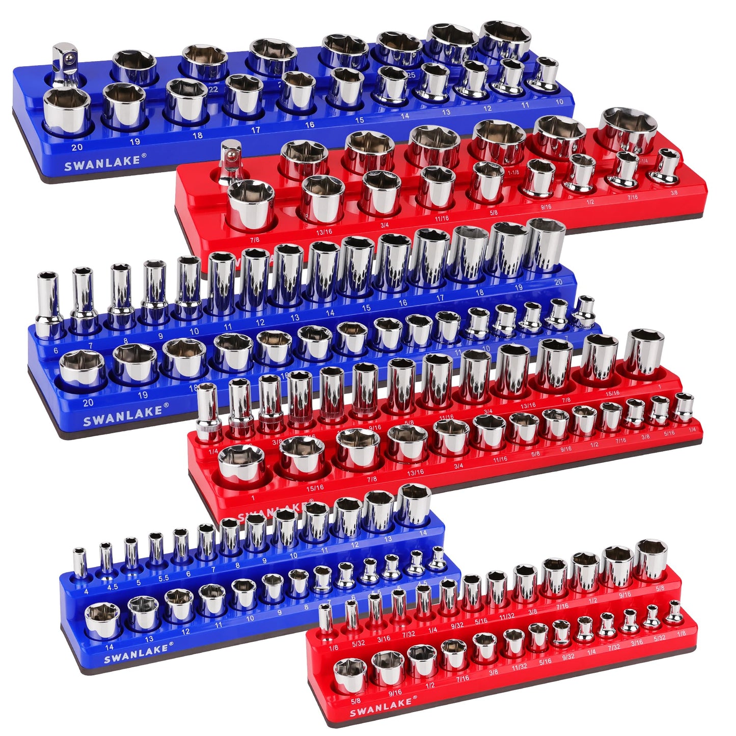 Magnetic Socket Organizer Set, 6PCS Socket Holder, 1/4", 3/8", 1/2" Sockets Holds 143 Pieces Magnetic Sockets Trays (Blue&red, 6 Pcs)