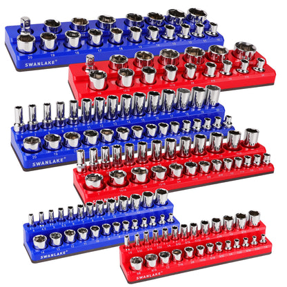 Magnetic Socket Organizer Set, 6PCS Socket Holder, 1/4", 3/8", 1/2" Sockets Holds 143 Pieces Magnetic Sockets Trays (Blue&red, 6 Pcs)