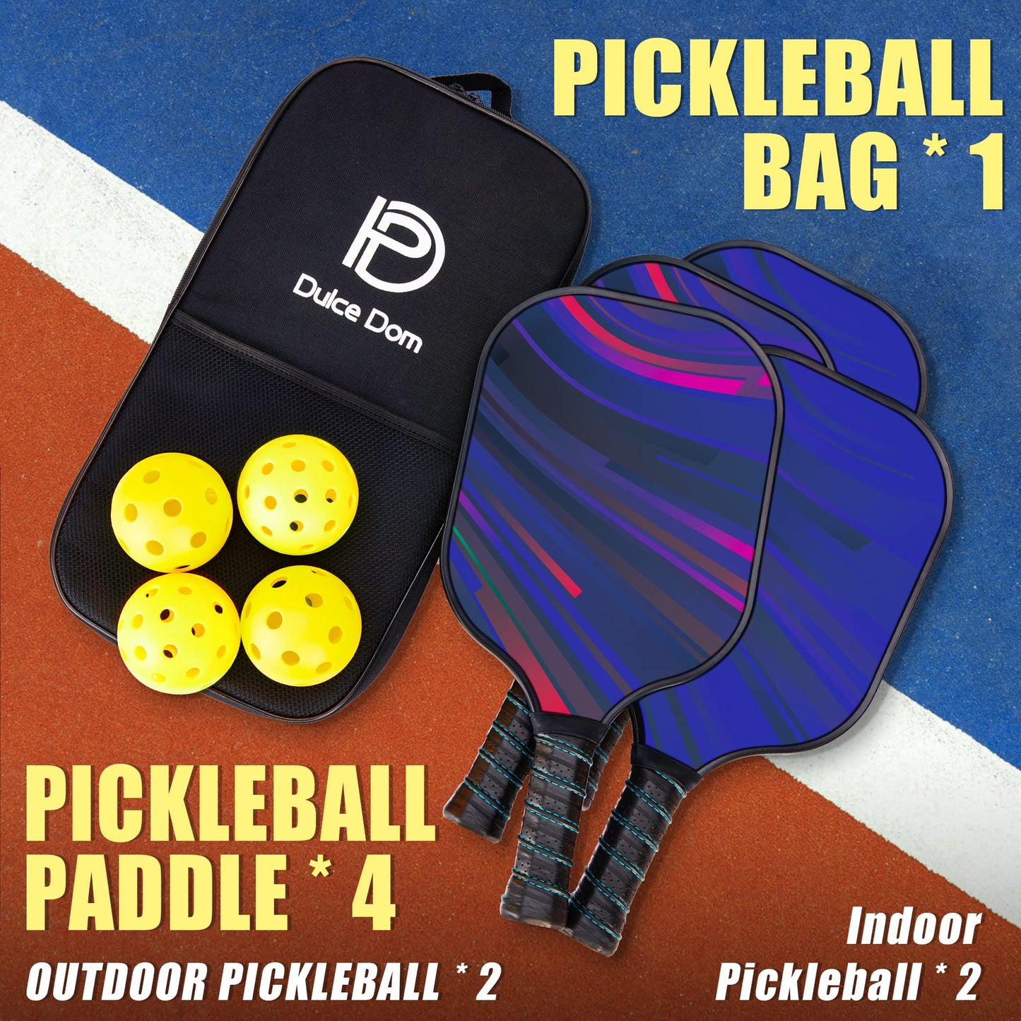 DULCE DOM Pickleball Paddles Set of 4, USAPA Approved Pickleball Paddles Rackets Set, 4 Lightweight Paddles with 4 Pickle Balls and Portable Bag for Beginners Indoor Outdoor Sports