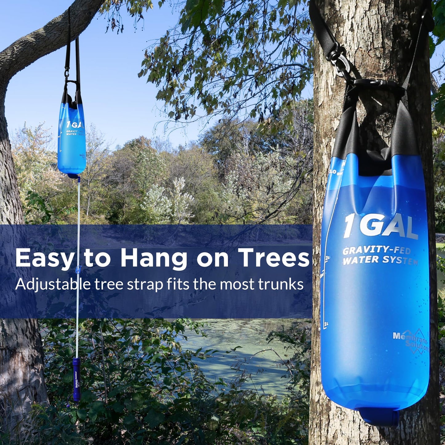 Membrane Solutions Gravity Water Filter 1 Gallon, NSF/ANSI 42&372&401 Certified, 0.1μm Versatile Water Purifier Camping with Adjustable Tree Strap Storage Bag, Survival Gear for Emergency Preparedness