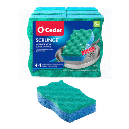 O-Cedar Scrunge Non-Scratch Scrub Sponge (Pack of 6) Multi-Use, All-Purpose, Odor-Resistant, Scrubbing Sponge Safely Cleans All Hard Surfaces in Kitchen and Bathroom