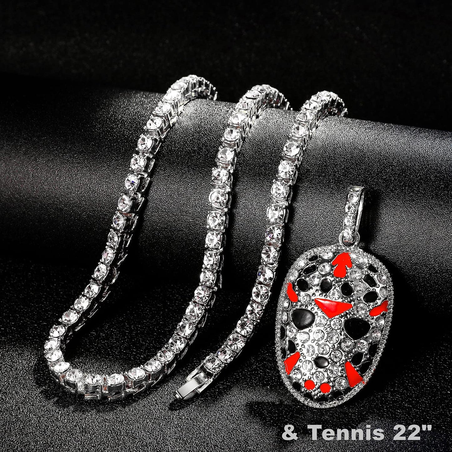 HH BLING EMPIRE 14k Gold Silver Plated Hip Hop Rapper Pendant Chain Necklace for Men, Iced Out Diamond Jason Mask Pendant with 5mm Tennis Chains 22 Inch (Jason Mask-Silver,& Tennis)