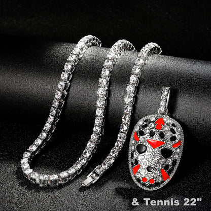 HH BLING EMPIRE 14k Gold Silver Plated Hip Hop Rapper Pendant Chain Necklace for Men, Iced Out Diamond Jason Mask Pendant with 5mm Tennis Chains 22 Inch (Jason Mask-Silver,& Tennis)