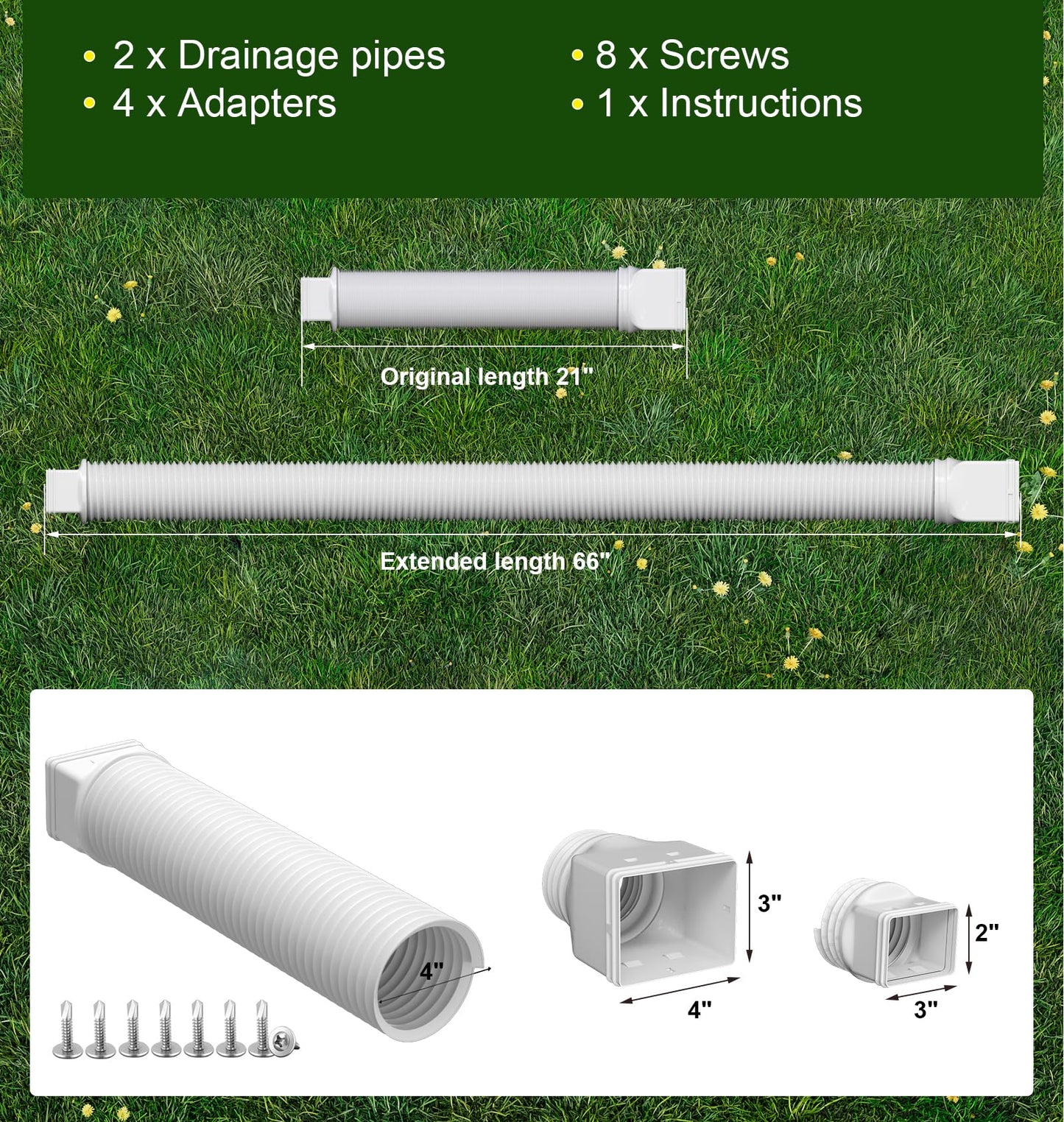 Ogutter Rain Gutter Downspout Extensions, Downspout Extender for Rainwater Drainage Flexible, Down Spout Drain Extension Pipe and Extendable from 21 to 66 Inches (2 Pack, White)