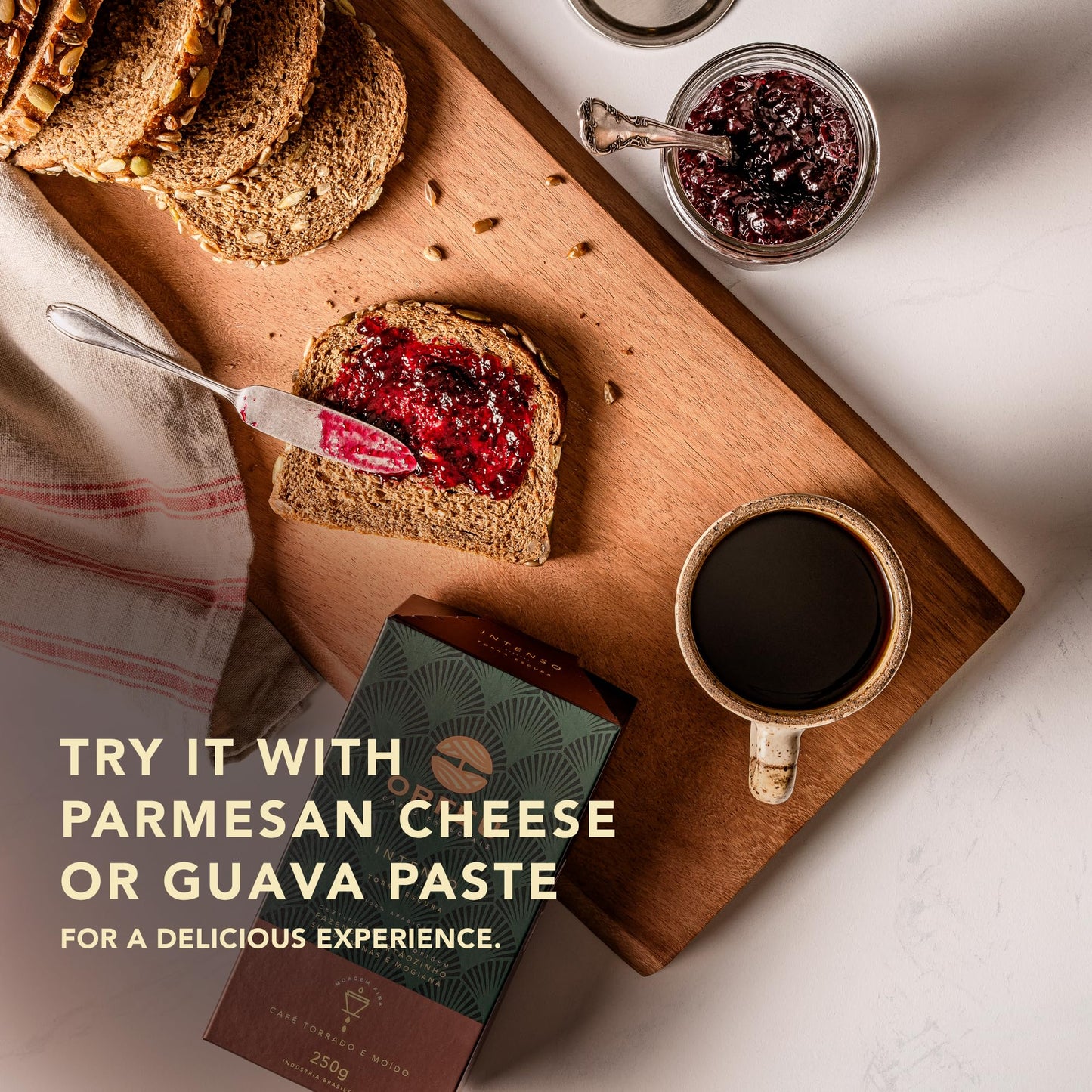 ORFEU - Special Coffee Intense - 100% Arabica Coffee, Dark Roast, Aroma of Toasted Caramel & Fruit Jam, Low Acidity, Made In Brazil, Velvety Body - 250g, 8.8oz