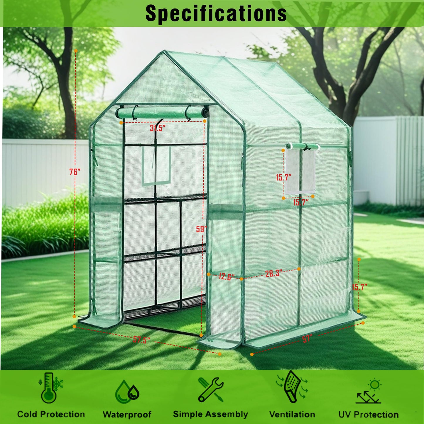 Purlyu Walk-in Greenhouse w/ Roll-Up Zipper Door & Screen Windows-3 Tiers 12 Shelves 56x56x76“ PE Greenhouse for Outdoor Gardening Plants Cold Frost Protection Wind Rain Proof(PLGHW002G-N)