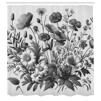Ambesonne Grey Shower Curtain, Farmhouse Botany Scene with Muted Tones Drawn Wildfloral and Grayscale Leaves, Cloth Fabric Bathroom Decor Set with Hooks, 69" W x 70" L, Dark Eggshell Pearl