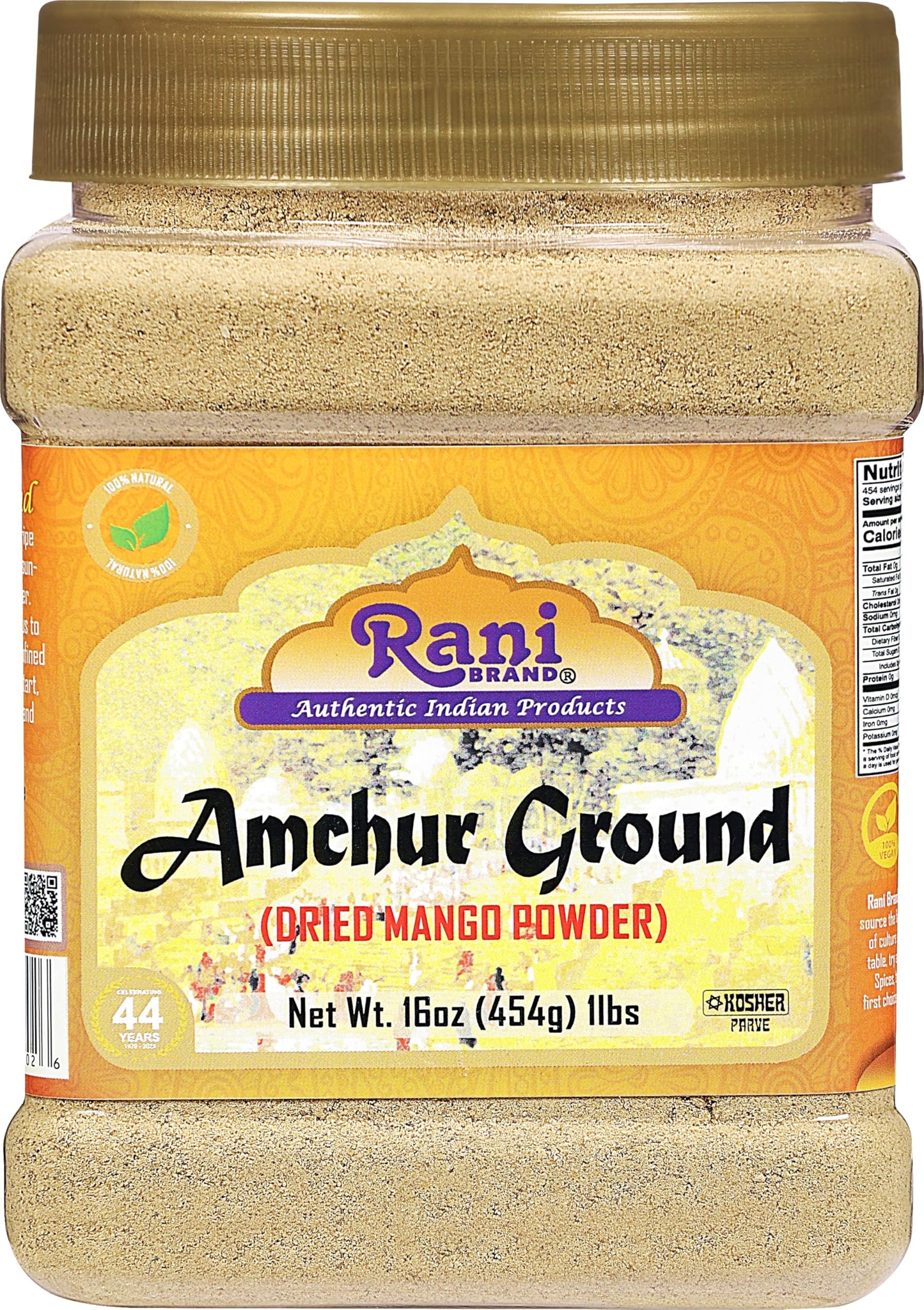 Rani Amchur (Mango) Ground Powder Spice 16oz (1lb) 454g PET Jar ~ All Natural, Indian Origin | No Color | Gluten Friendly | Vegan | NON-GMO | Kosher | No Salt or fillers