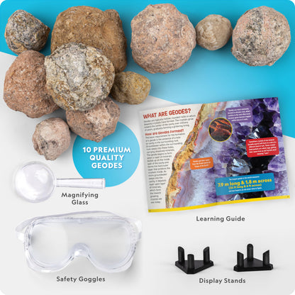 National Geographic Break Open 10 Premium Geodes – Includes Goggles & 2 Display Stands - Great STEM Science Kit, Geology Gift for Kids, Break Your Own Geodes with Crystals