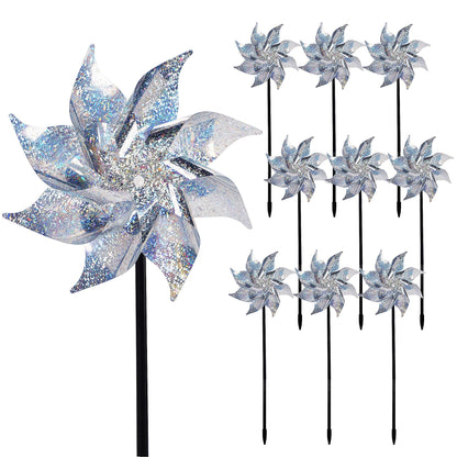 Hausse 10 Pack Reflective Pinwheels with Stakes (Assembly Required), Extra Sparkly Pin Wheel for Garden Decor, Bird Repellent Devices Deterrent to Scare Birds Away from Yard Patio Farm