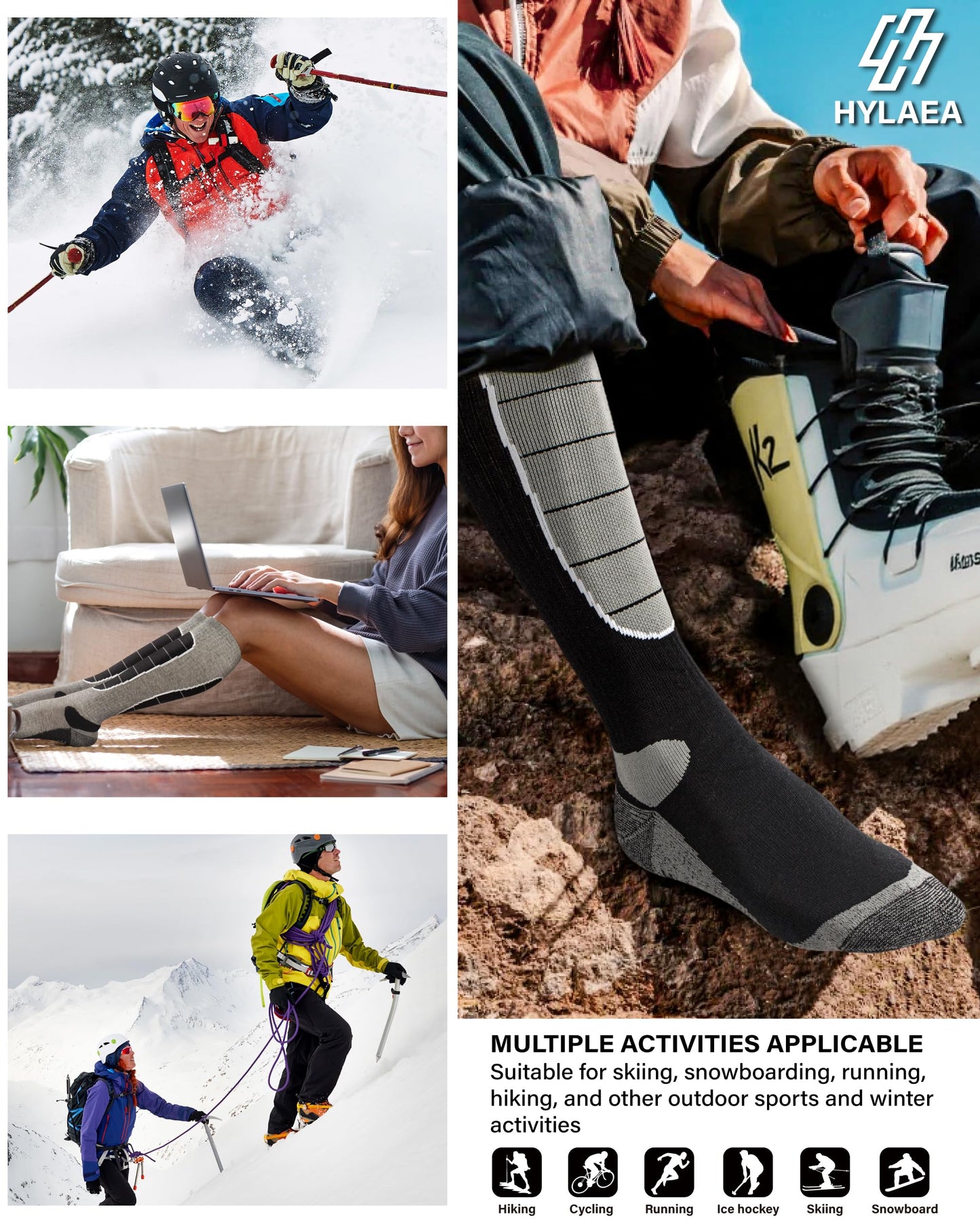 Merino Wool Cold Weather Ski Socks for Snowboarding, Snow, Winter - Thermal Knee-High Warm Socks for Hunting, Outdoor Sports (3 Pairs, Black Grey Grey, X-Large)