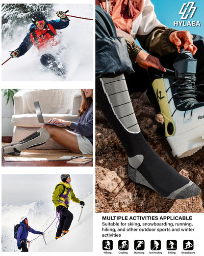 Merino Wool Cold Weather Ski Socks for Snowboarding, Snow, Winter - Thermal Knee-High Warm Socks for Hunting, Outdoor Sports (3 Pairs, Black Grey Grey, X-Large)