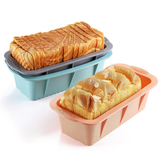 MONGSEW 3PCS Silicone Bread Loaf Pan, Non-Stick Bread Pans for Baking, Easy Release Loaf Pan, Great for Homemade Bread, Cakes, Brownies, Dishwasher Safe (3 Colors, Nesting Design)