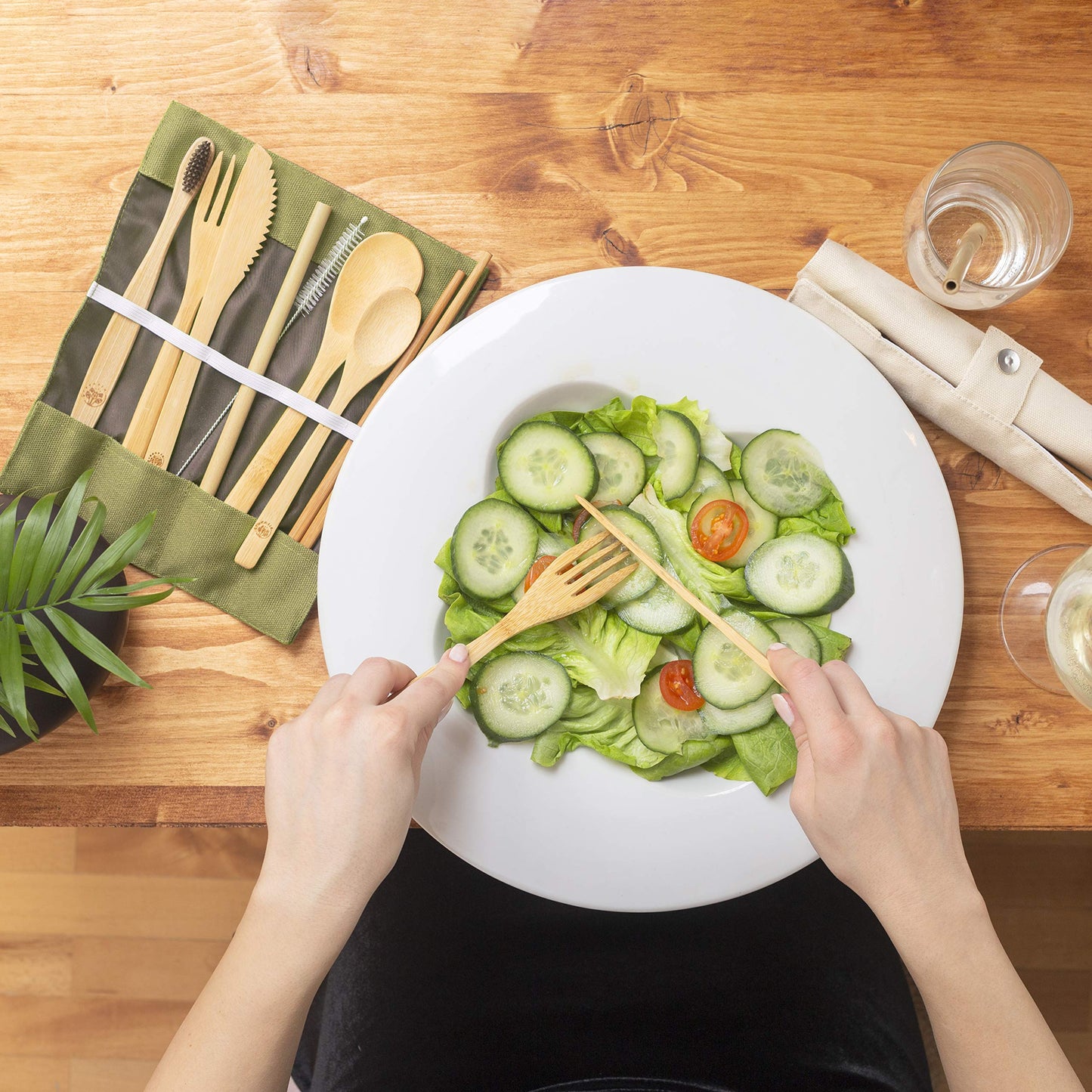 GREENZLA 2-Pack Bamboo Utensils Set - Bonus Pair of Bamboo Toothbrushes - Straw, Spoon, Fork, Knife, Teaspoon, Chopsticks, Brush & 2 Storage Bags - Reusable Cutlery Set