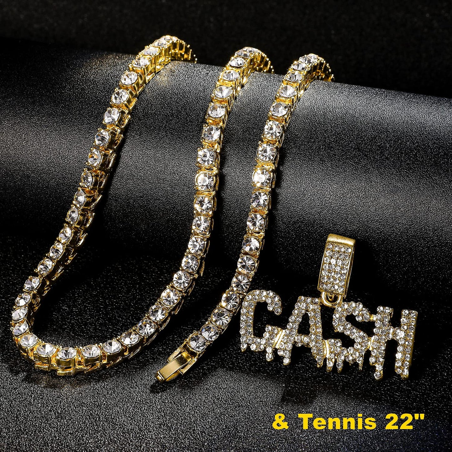 HH BLING EMPIRE Iced Out Name Pendant Chain Necklaces for Men Gold Silver Diamond Letter Necklace Hip Hop Cash Rope Chains 24 Inch (Cash-Gold,& Rope)