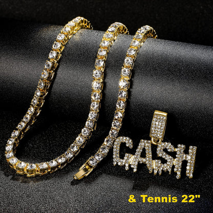 HH BLING EMPIRE Iced Out Name Pendant Chain Necklaces for Men Gold Silver Diamond Letter Necklace Hip Hop Cash Rope Chains 24 Inch (Cash-Gold,& Rope)