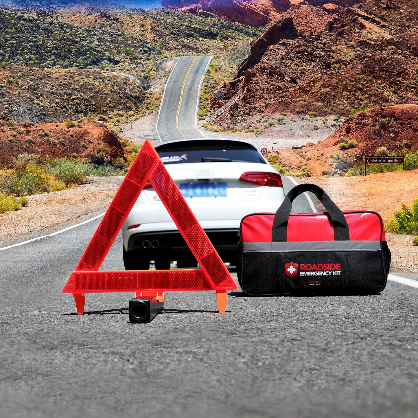 Kitgo Car Emergency Kit,Premium Roadside Assistance Essentials with Jumper Cables, Flashlight, Shovel, Screwdriver Set - Ideal Auto Road Safety Kit, Survival, Truck, RV and More Gift for Father (Red)