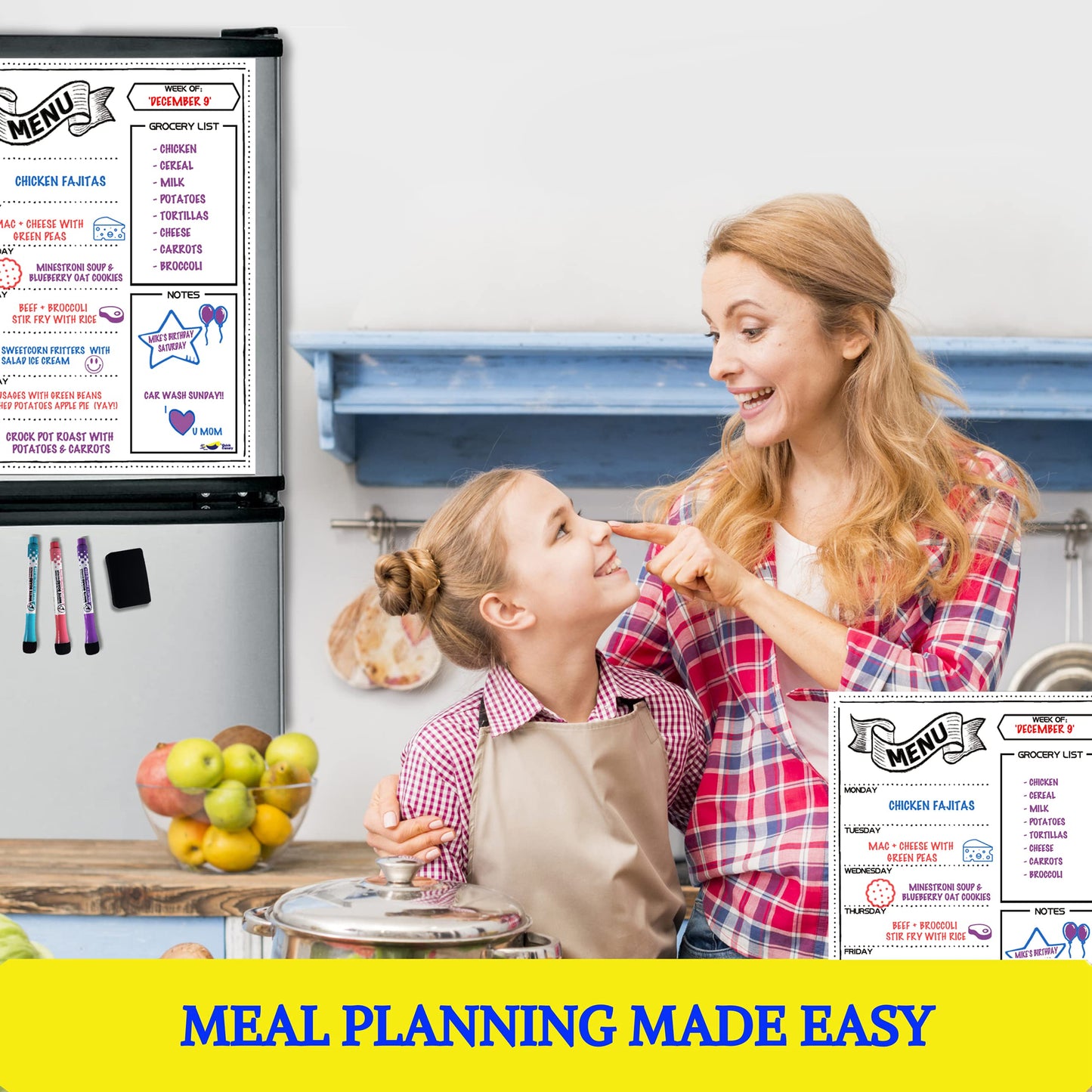 Magnetic Weekly Meal Planner for Refrigerator – 16x12” Dry Erase Menu Board for Kitchen – Fridge Calendar with 3 Markers & Eraser – Track Meals, Groceries, Notes & More – Easy-Clean Whiteboard