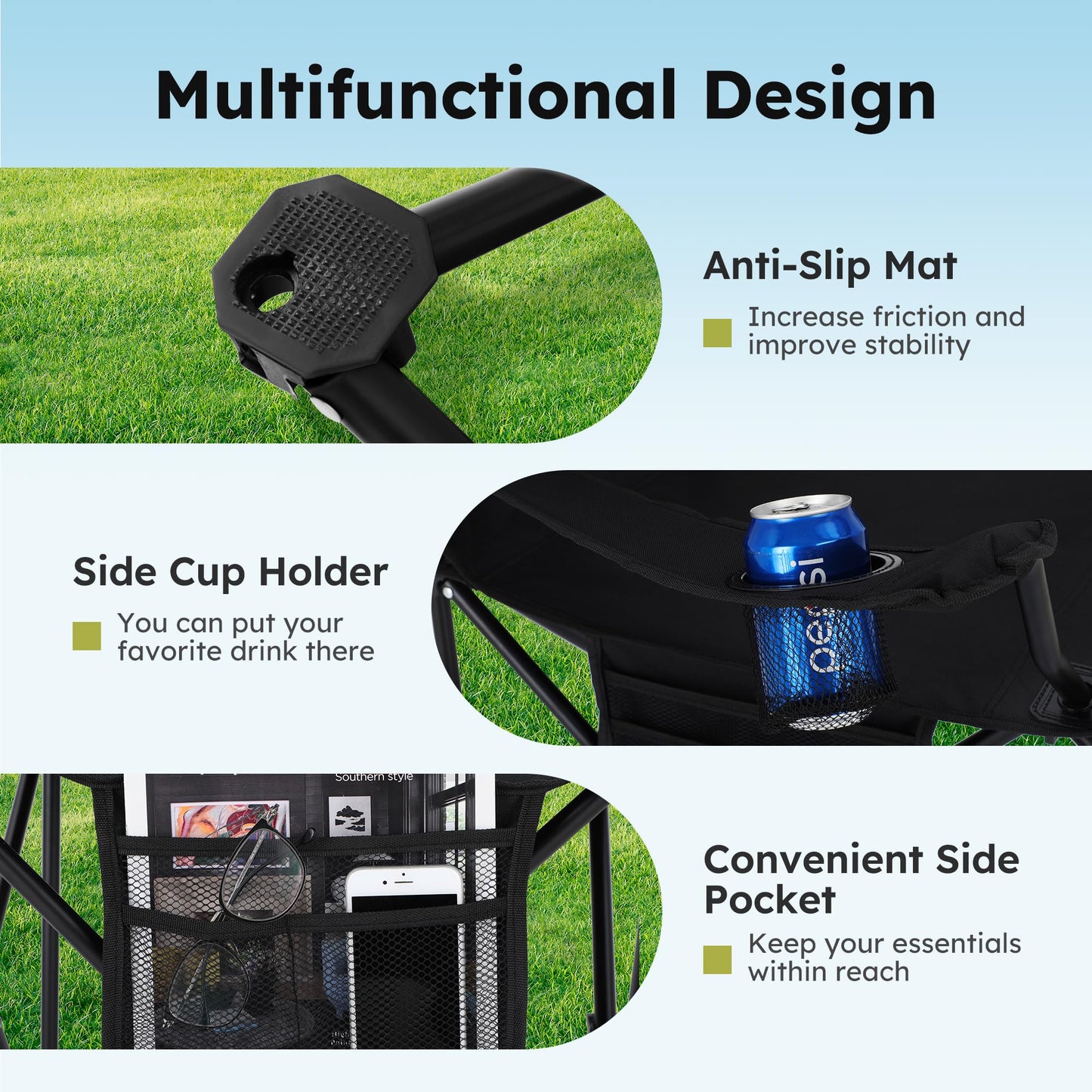 ALPHA CAMP Camping Chair 2 Pack Portable Chair with 3-Can Cooler Folding Chair with Side Pocket and Cup Holder, Collapsible for Camping, Tailgates, Beach, Fishing and Sports,Black,2PC