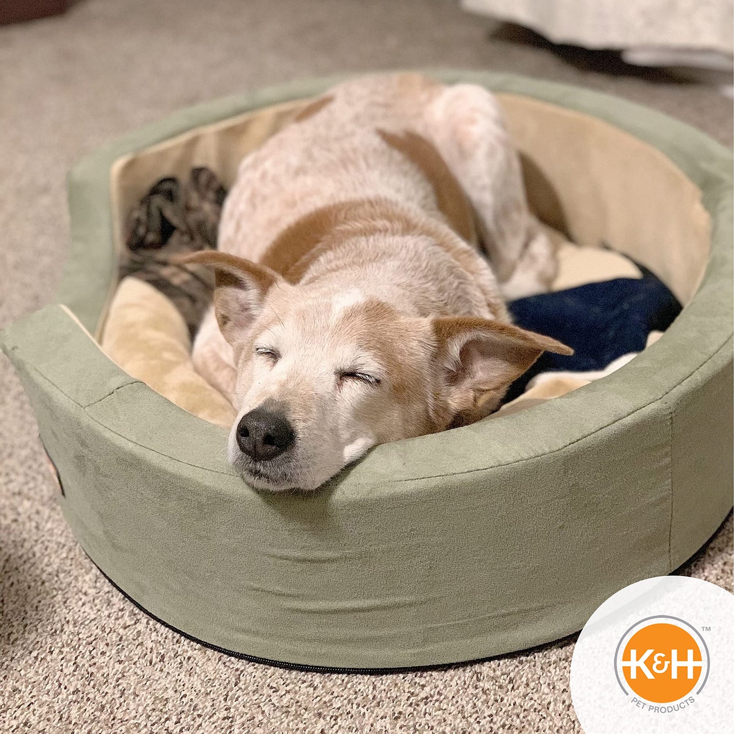 K&H Pet Products Heated Dog Bed Indoor, Thermo-Snuggly Sleeper with Removable Waterproof Heated Pad, Calming Pillow Pet Bed, Machine Washable, Safety Listed - Medium 26 X 20in Sage/Tan