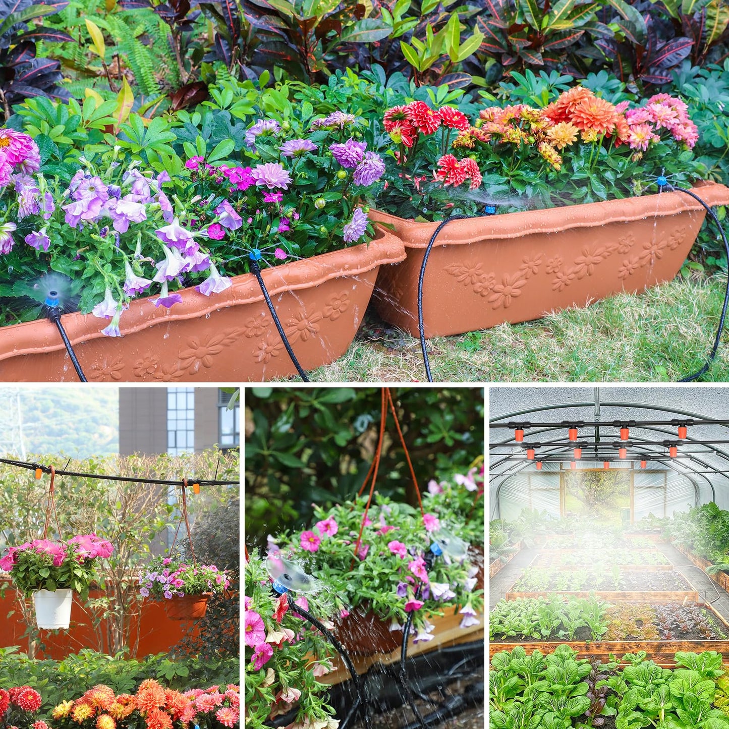 MIXC Greenhouse Micro Drip Irrigation Kit Automatic Irrigation System Patio Misting Plant Watering System with 1/4 inch 1/2 inch Irrigation Tubing Hose Adjustable Nozzle Emitters Barbed Fittings