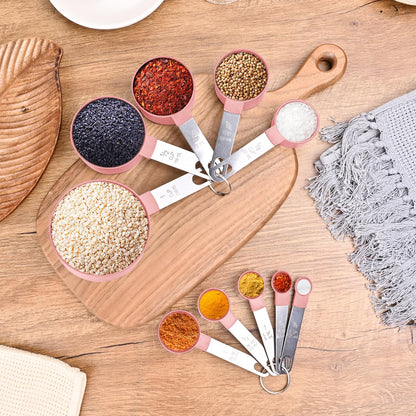Measuring Cups and Spoons Set, 10 Pieces Nesting Measure Tools, Kitchen Essentials Gadgets with Stainless Steel Handle for Dry & Liquid Ingredient, Pink