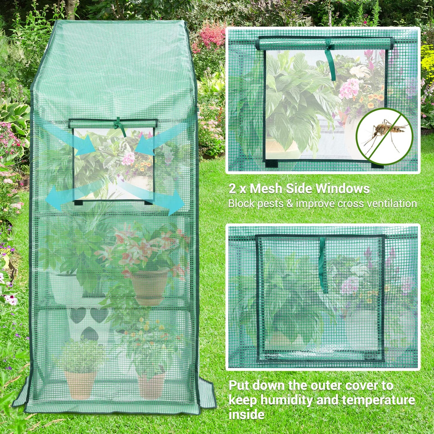 Ohuhu Greenhouse for Outdoors with Mesh Side Windows, 3 Tiers 4 Shelves Small Walk-In Green House Plant Stands Plastic PE Cover Outside Portable Warm House for Seedling Flowers Growing, 4.8x2.5x6.4 FT
