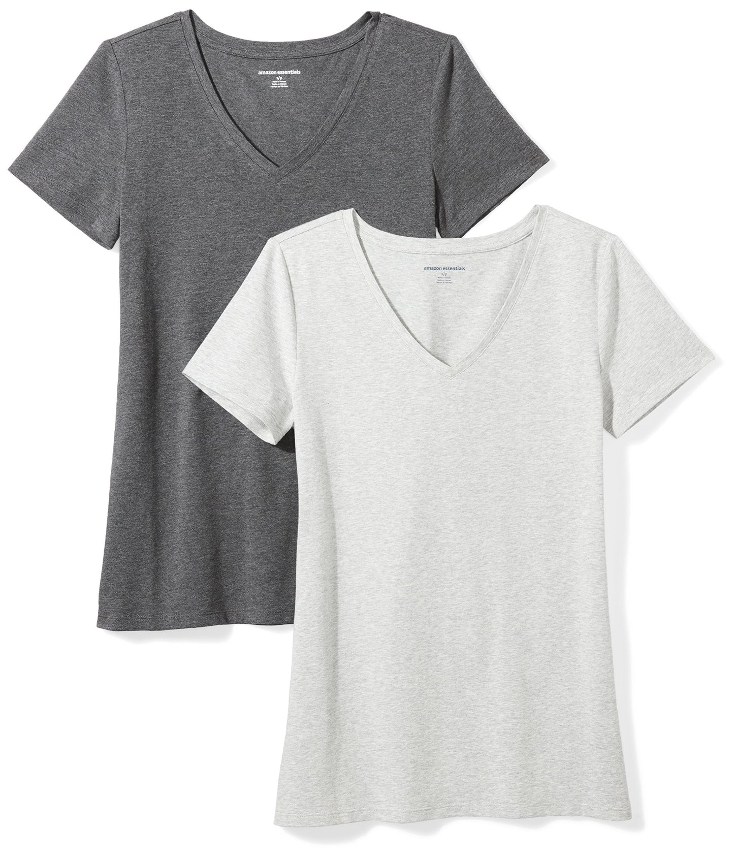 Amazon Essentials Women's Regular-Fit Short-Sleeve V-Neck T-Shirt, Pack of 2, Charcoal Heather/Light Grey Heather, Medium