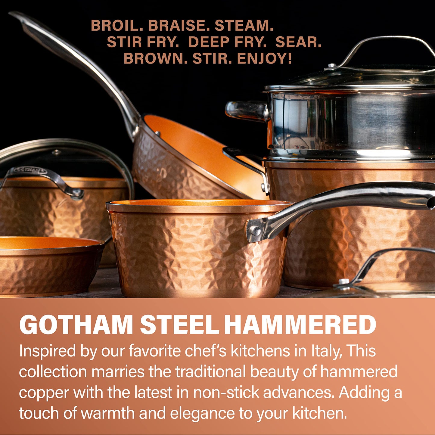 Gotham Steel 9.5" Hammered Pan with Tempered Glass Lid and Cool Touch Handles, Ultra Nonstick Fry Pan, Scratch Resistant Dishwasher Oven-Safe, Non-toxic Frying Pans and Skillets Cookware As Seen on TV