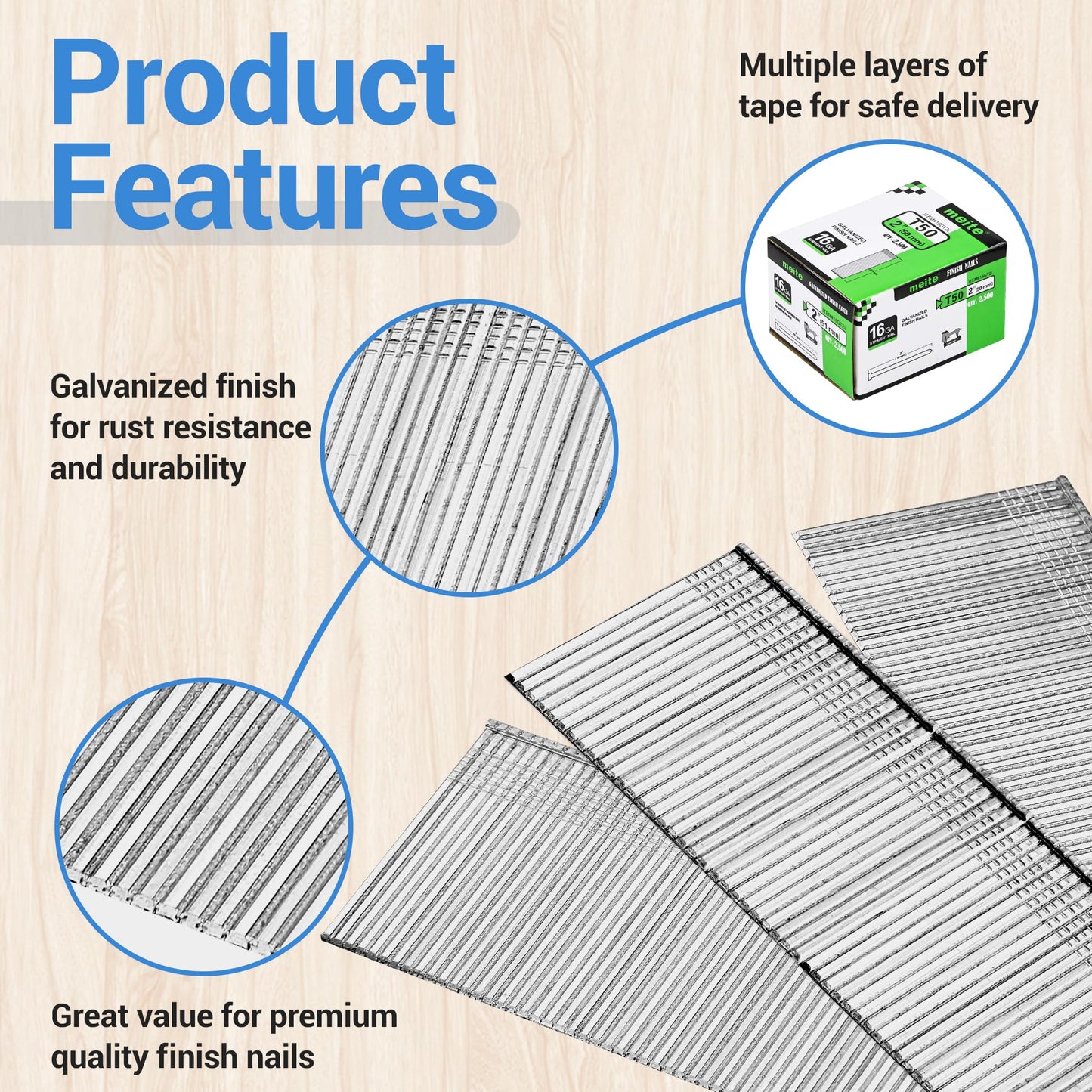 meite 16 Gauge Finish Nails, 2-Inch Galvanized 16GA Finish Nails, Small Straight Finishing Nail, Ideal for Woodworking, Upholstery, and Framing Projects (2,500 Counts)