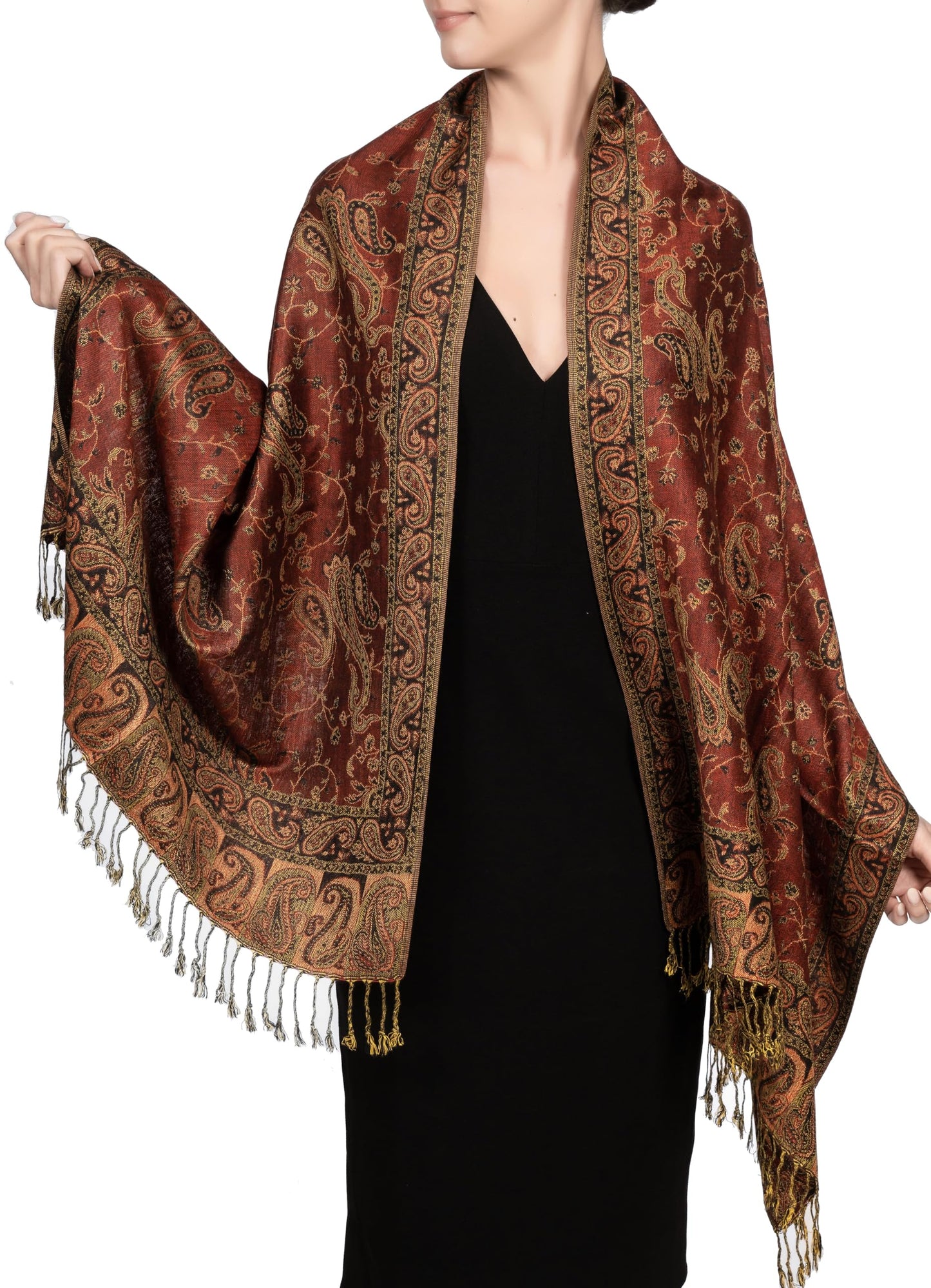 Achillea Soft Silky Reversible Paisley Pashmina Shawl Wrap Scarf w/Fringes (Rust Red)