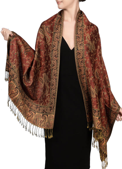 Achillea Soft Silky Reversible Paisley Pashmina Shawl Wrap Scarf w/Fringes (Rust Red)