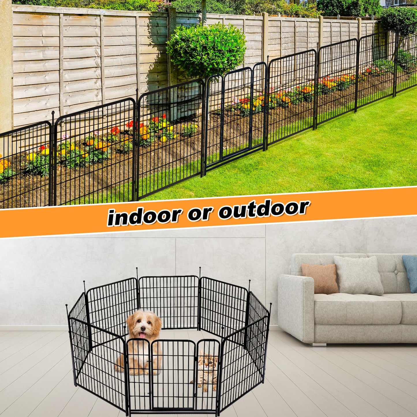 Getlay 36 in(H) Garden Fence With Gate, Wide Gate Low Threshold, 8 Panels Total 17.7 ft(L) Heavy Duty Iron Animal Barrier Fence For Yard, Suitable For Indoor Or Outdoor Dog Fencing,Garden Border Fence