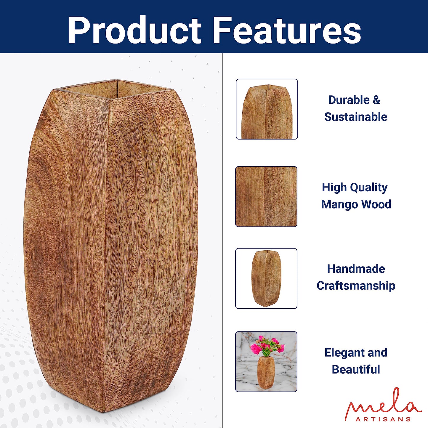 Mela Artisans Large Wood Vase - Manas Style with Medium Burnt Finish | 12" x 3.5" x 3.5" | Wooden Vases for Home Decor | Decorative Rustic Natural Mango Wood Vases | Elegant Wood Flower & Bud Vase