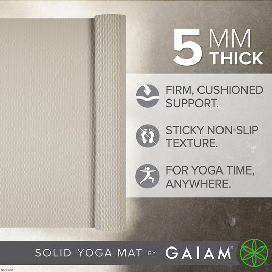 Gaiam Yoga Mat Premium Solid Color Non Slip Exercise & Fitness Mat for All Types of Yoga, Pilates & Floor Workouts, Sandstone, 5mm