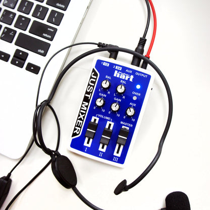 JUST MIXER Audio/DJ Mixer - Battery/USB Powered Portable Pocket Audio Mixer w/ 3 Stereo Channels (3.5mm) Plus On/Off Switch (Blue)