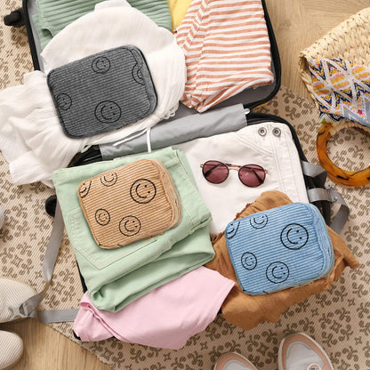 Photect 3 Pcs Corduroy Cosmetic Bag Smile Face Aesthetic Preppy Pencil Pouch Purse Travel Beauty Makeup Bags for School Christmas Women Holiday Organizer Gifts(Stylish,Yellow, Gray, Blue)