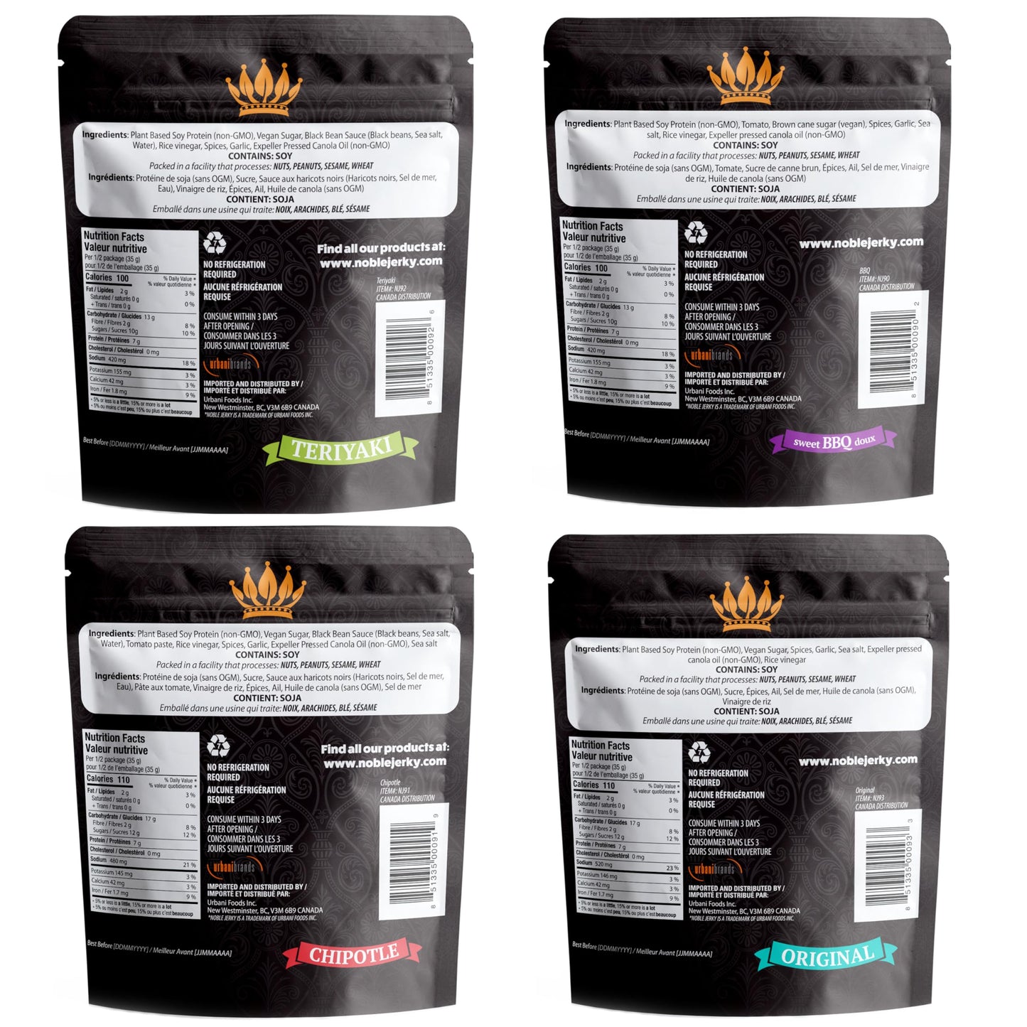 Noble Jerky - Healthy Vegan Plant Protein + Energy Non-GMO Meat Free 100% Natural 4 Bags (2.47 oz each Bag)